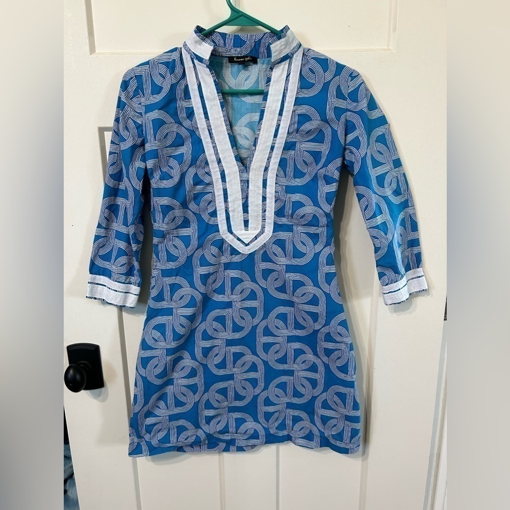Lauren Gold 💯 Cotton boutique Dress Blue and White Geometric print